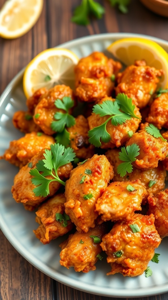 Crispy Air Fryer Chicken 65 Recipe Crispy Air Fryer Chicken 65 garnished with coriander and lemon wedges on a rustic table.